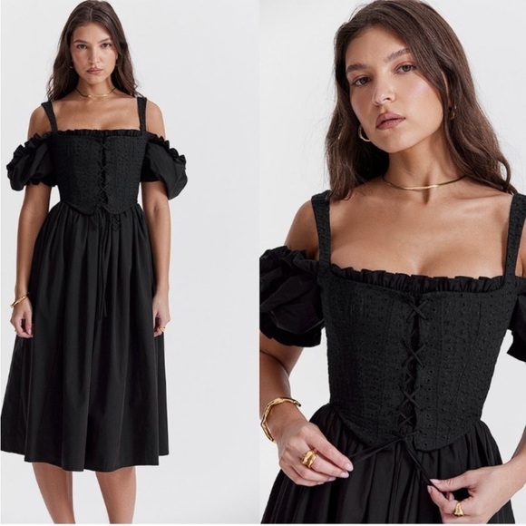 House of CB Silvana Black Puff Sleeves Midi Length SunDress Size Medium - Picture 2 of 14